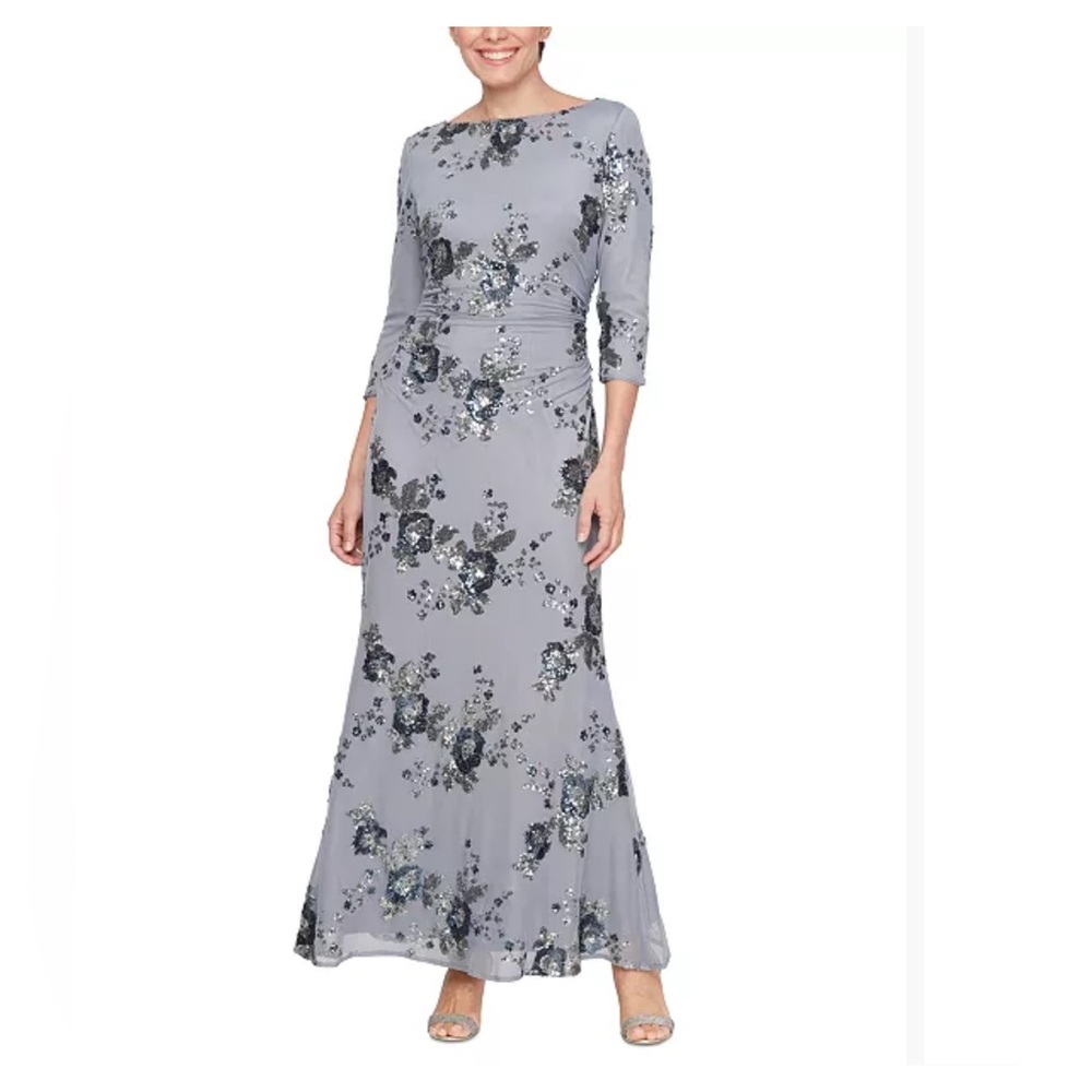 SLNY Light Gray Sequin Floral Maxi Dress